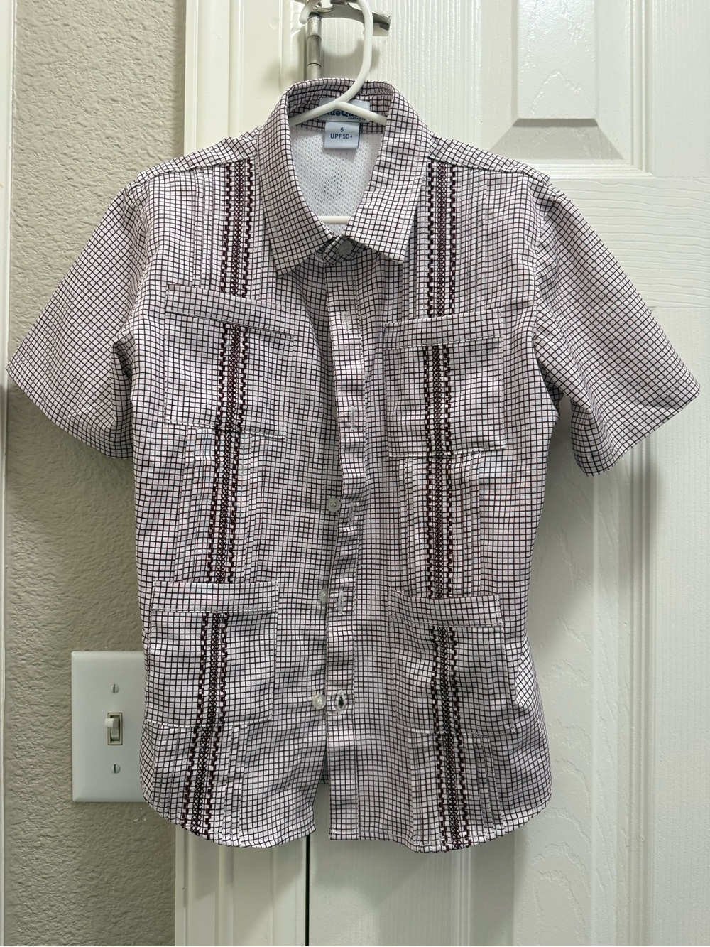 Kids Short-Sleeve Button-Down Shirt in White and Maroon Check